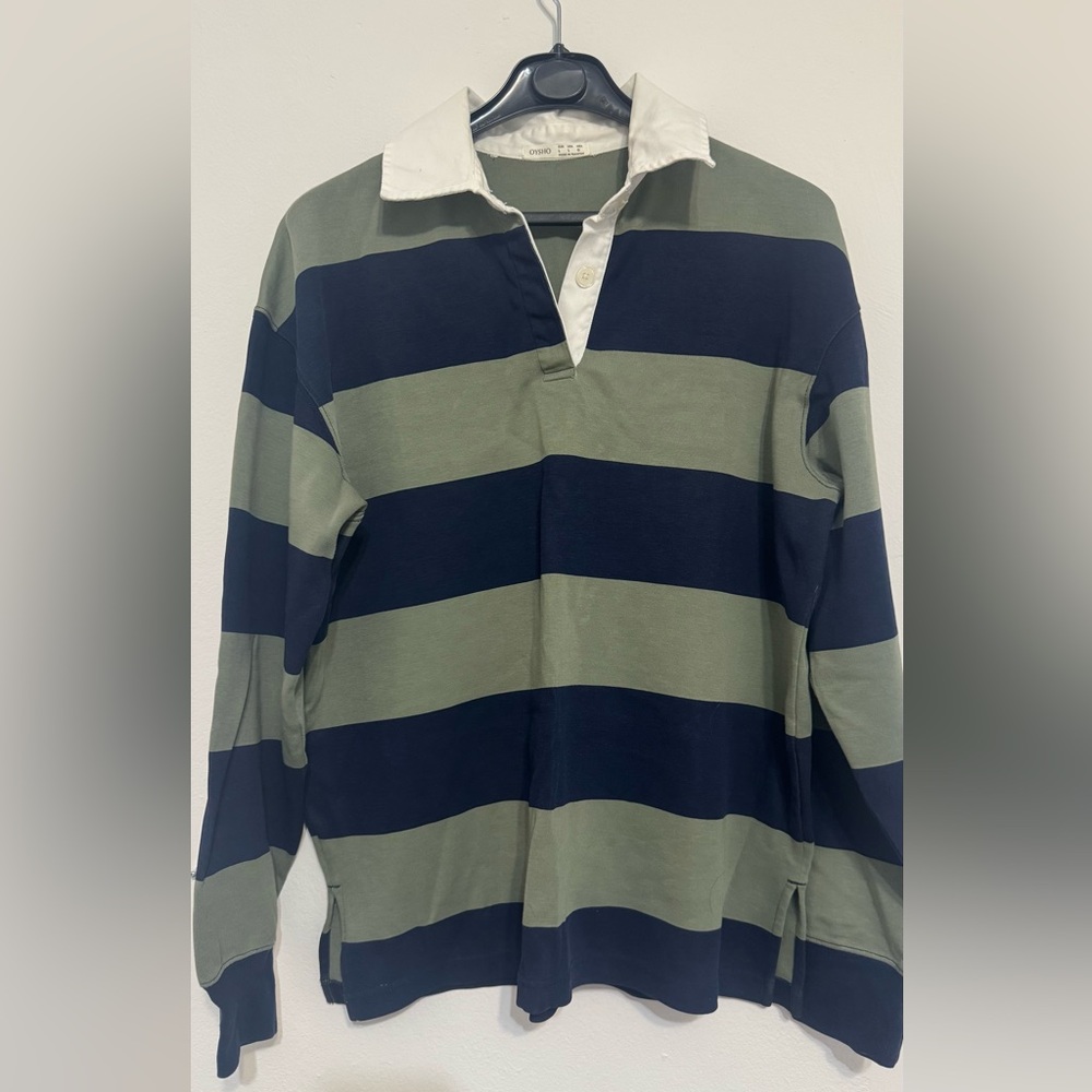 Striped Green and Black Long Sleeve Polo